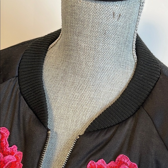 Floral Embroidered Satiny Bomber Jacket, Size M - Picture 4 of 13